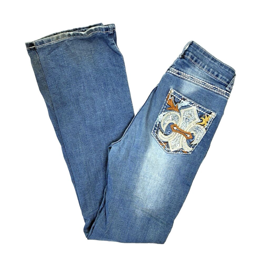 H&Y Fashion Fleur-de-lis Embellished Bootcut Jeans Blue Sz 1/2 Y2K Bling Western